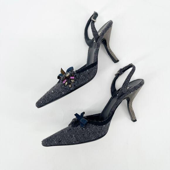 Vintage Prada Gray Tweed Crystal Bow Detail Slingback Pointed Toe Heels IT 38.5 - Picture 4 of 11